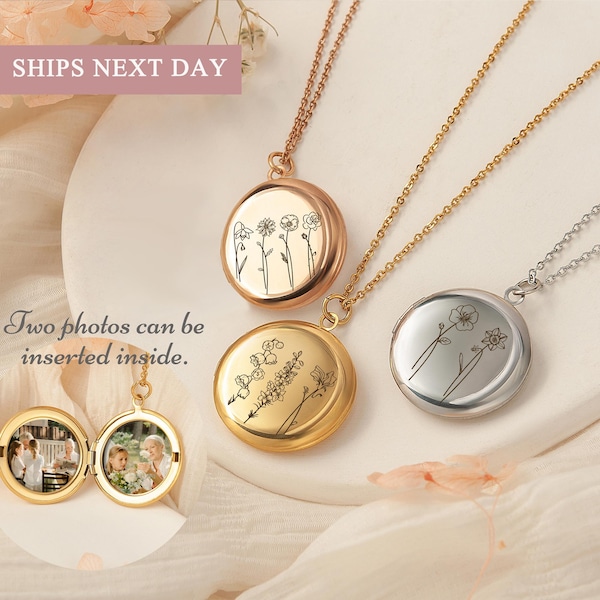 Custom Photo Gifts - Engraved Locket Pendant Birth Flower Necklace - 2 Pictures Locket Personalized Locket - Locket Necklace Memorial Gift