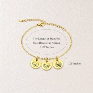 May include: Gold-colored stainless steel bracelet with three round pendants, each featuring a dog portrait. The bracelet's length is approximately 6+2 inches, with pendants measuring 1/2 inch. The text on the image reads: "The Length of Stainless Steel Bracelet is Approx 6+2 Inches."