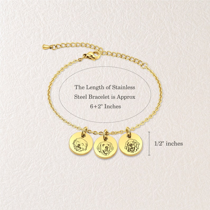 May include: Gold-colored stainless steel bracelet with three round pendants, each featuring a dog portrait. The bracelet's length is approximately 6+2 inches, with pendants measuring 1/2 inch. The text on the image reads: "The Length of Stainless Steel Bracelet is Approx 6+2 Inches."