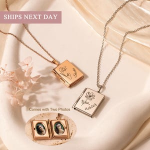 Personalized Name and Flower Square Locket Necklace - Engraved Name Locket with Photos - Keepsake Locket Memorial Gift - Gift for Her