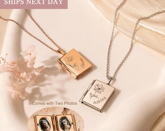 Personalized Name and Flower Square Locket Necklace - Engraved Name Locket with Photos - Gold Locket Memorial Gift - Birthday Gifts for Her
