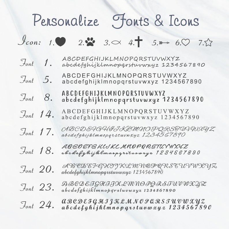 May include: A chart with a list of fonts and icons for personalization. The chart includes a heart, paw print, fish, cross, arrow, star, and numbers 1, 2, 3, 4, 5, 6, 7, 8, 14, 17, 18, 20, 23, and 24. The chart also includes the alphabet in uppercase and lowercase letters for each font.