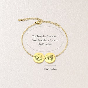 May include: Gold stainless steel bracelet with two round charms featuring engraved images of a dog and a cat. The bracelet is 6+2 inches long and the charms are 9/16 inches in diameter. "The Length of Stainless Steel Bracelet is Approx 6+2" Inches" and "9/16" inches" are printed on the image.