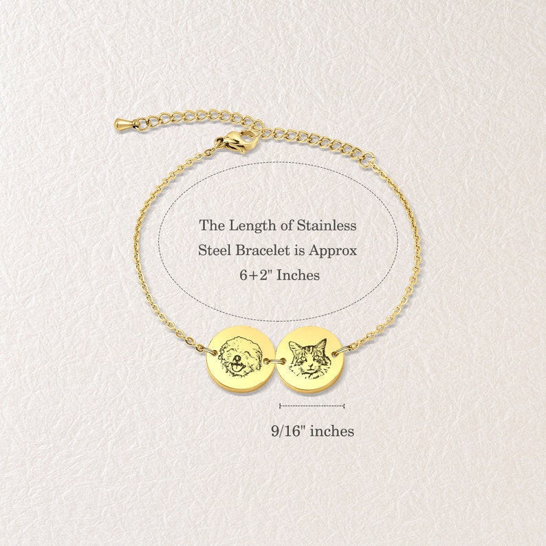 May include: Gold stainless steel bracelet with two round charms featuring engraved images of a dog and a cat. The bracelet is 6+2 inches long and the charms are 9/16 inches in diameter. "The Length of Stainless Steel Bracelet is Approx 6+2" Inches" and "9/16" inches" are printed on the image.