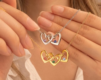 New Mom Gift - Engraved Kids Name Heart Birthstone Necklace - Custom Birthstone Name Jewelry - Unique Heart Necklace for Grandma