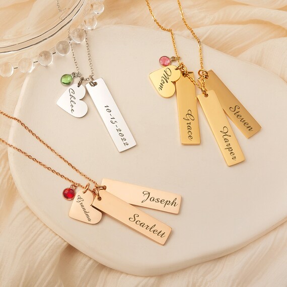 Luxladis Custom Name Necklace - Personalized Heart Birthstone Bar Necklace For Mom, Women, Family