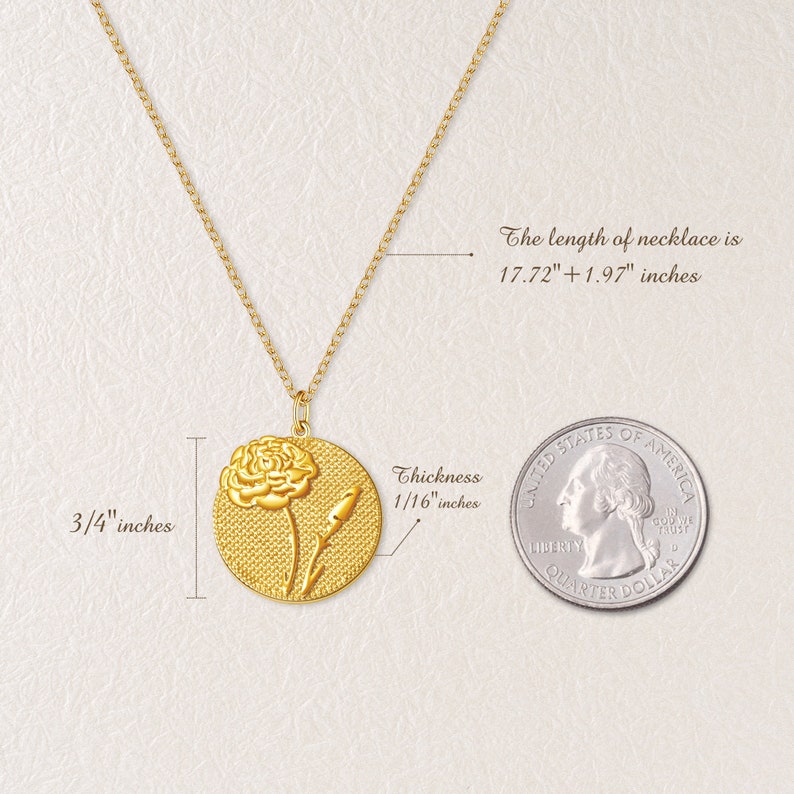 Mothers Day Necklace Gold Birth Flower Jewelry Flower Coin Necklace Embossed Birth Month Flower Necklace Vintage Jewelry Grandma Gift image 8