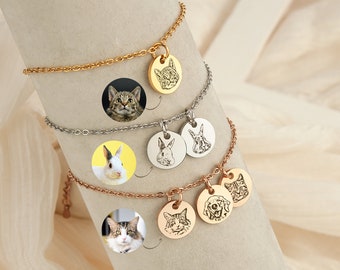 Gifts for Pet Lover - Pet Portrait Custom Bracelet - Engraved Cat Portrait Charm Bracelet - Dog Mom Bracelet - Cat Photo Jewelry