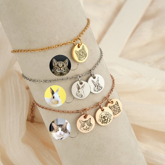 Gifts for Pet Lover - Pet Portrait Custom Bracelet - Engraved Cat Portrait Charm Bracelet - Dog Mom Bracelet - Cat Photo Jewelry