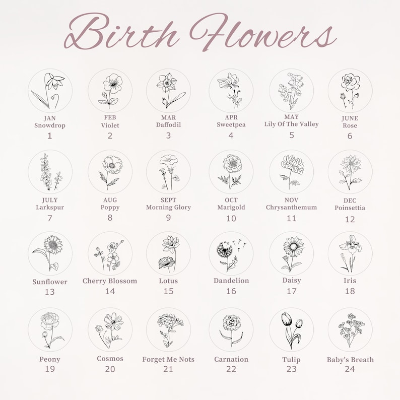 May include: A chart of birth flowers, with each month represented by a circle containing a black and white illustration of a flower. The month, flower name, and number are listed below each circle.