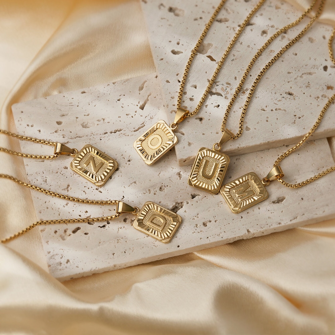 18K Gold Square Initial Necklace Unisex Medal Gold Letter Necklace