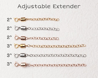 May include: Six adjustable necklace extenders in different lengths and colors. The extenders are 2 inches and 3 inches long and are available in gold, silver, and rose gold.