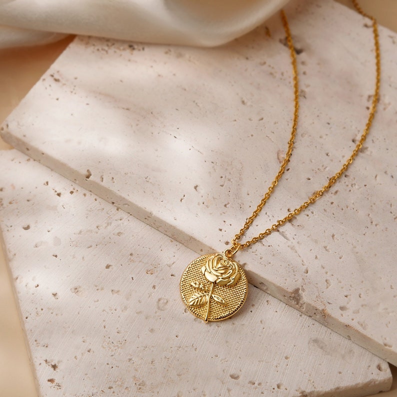 Mothers Day Necklace Gold Birth Flower Jewelry Flower Coin Necklace Embossed Birth Month Flower Necklace Vintage Jewelry Grandma Gift image 5