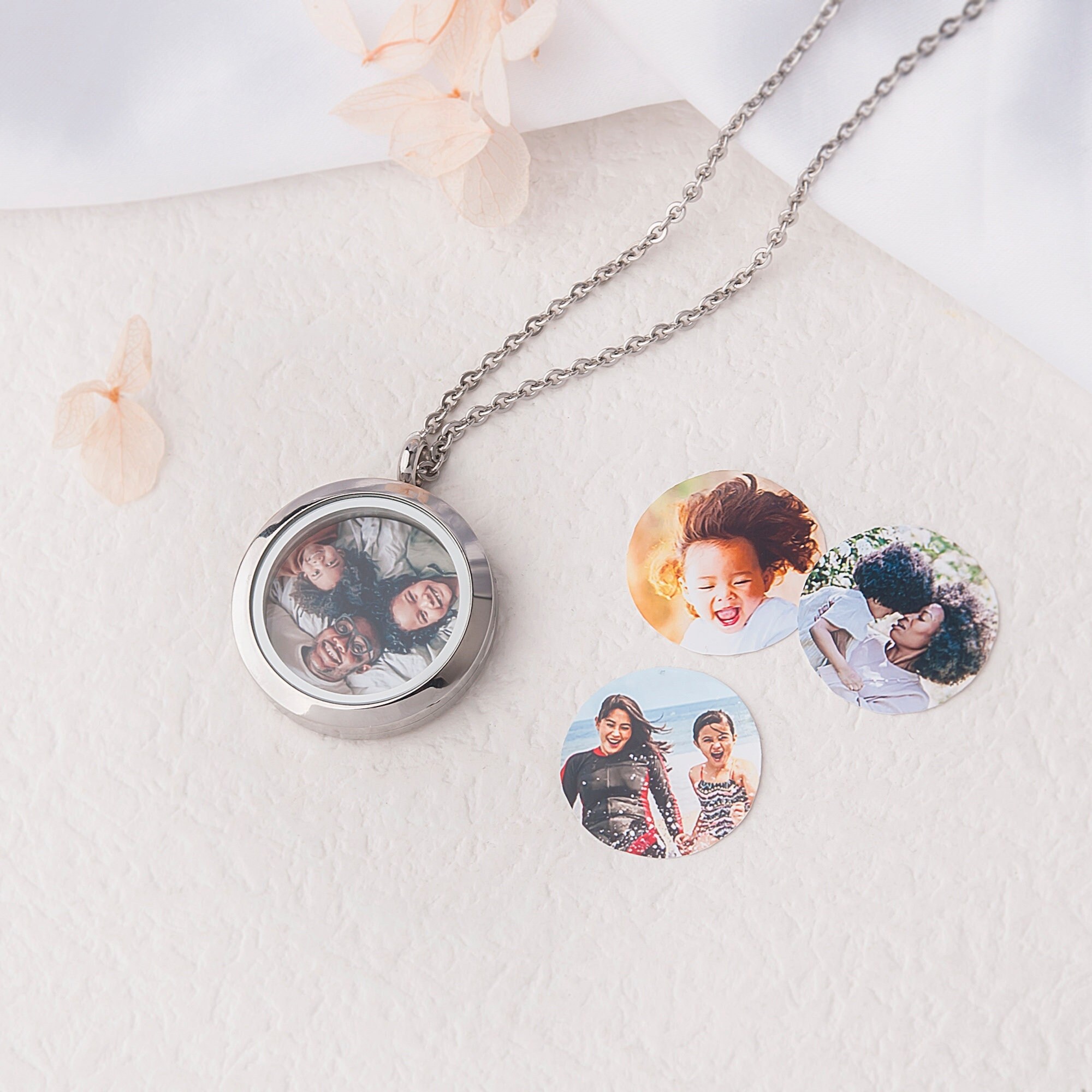 2 Médaillons Photo Flottants Avec Chaîne 45 Cm - Cadre Verre, Acier Inox, Pour Collier DIY