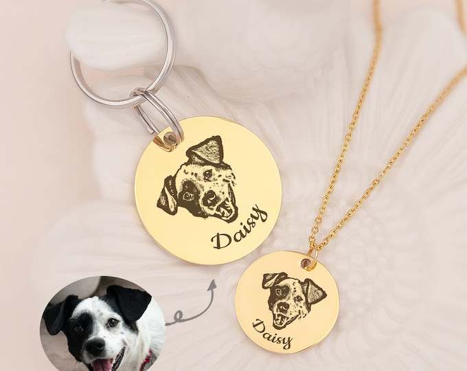 Pet Jewelry - Engraved Pet Portrait Sets - Dog Necklace Custom - Pet Name Keychain - Dog Memorial Jewelry -  Cat Mom Gift Grandmother Gift