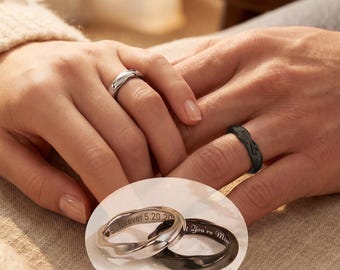 Personalized Couples Wavy Band Ring - Couples Engraved Ring Hidden Message - Promise Rings for Couples - Matching Couples Ring- Wedding Gift
