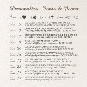 May include: A product image displaying options for personalization, including fonts and icons. The image shows various font styles and icons such as a heart, paw print, cross, and star. Text includes the words "Personalize Fonts & Icons".