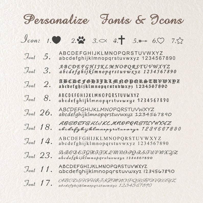 May include: A product image displaying options for personalization, including fonts and icons. The image shows various font styles and icons such as a heart, paw print, cross, and star. Text includes the words "Personalize Fonts & Icons".