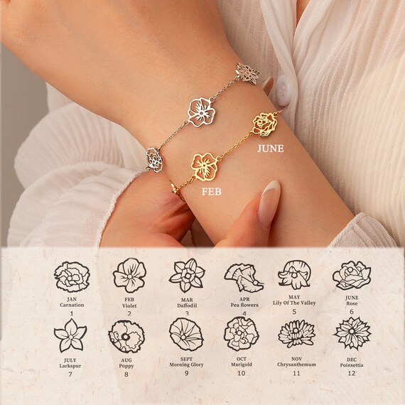 Personalized Birth Flower Bracelet Combined Birth Flower Bouquet in 925 Sterling Silver Family Bracelet for Mom Birthday Gift Etsy