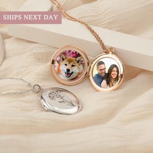 Pet Photo Locket Necklace - Round Locket Pendant - Custom Photo Locket - Engraved Locket with Birth Flower - Dog Necklace Personalized Gifts