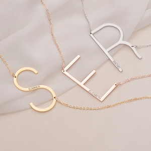 Sideways Initial Necklace Gold - Oversized Letter Sideways Necklace Engraved Name - Big Letter Necklace Large Initial - Best Friend Gift
