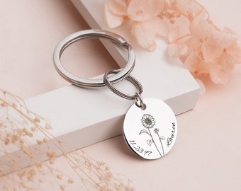 Keychain for Women - Sunflower Keychain Custom Keychain - Engraved Name and Birth Date Keychain - Baby's Breath Keychain Mom Gift