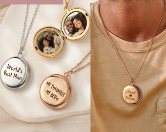 Locket for Men - Personalized Locket Necklace with Photos - Custom Engraved Locket - Round Locket Custom Gift For Husband from Wife