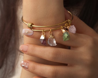 Gifts For Mom - Birthstone Bracelet - Raw Gemstone Bracelet - Personalized Jewelry Raw Stone Cuff  Bracelet - Healing Crystals
