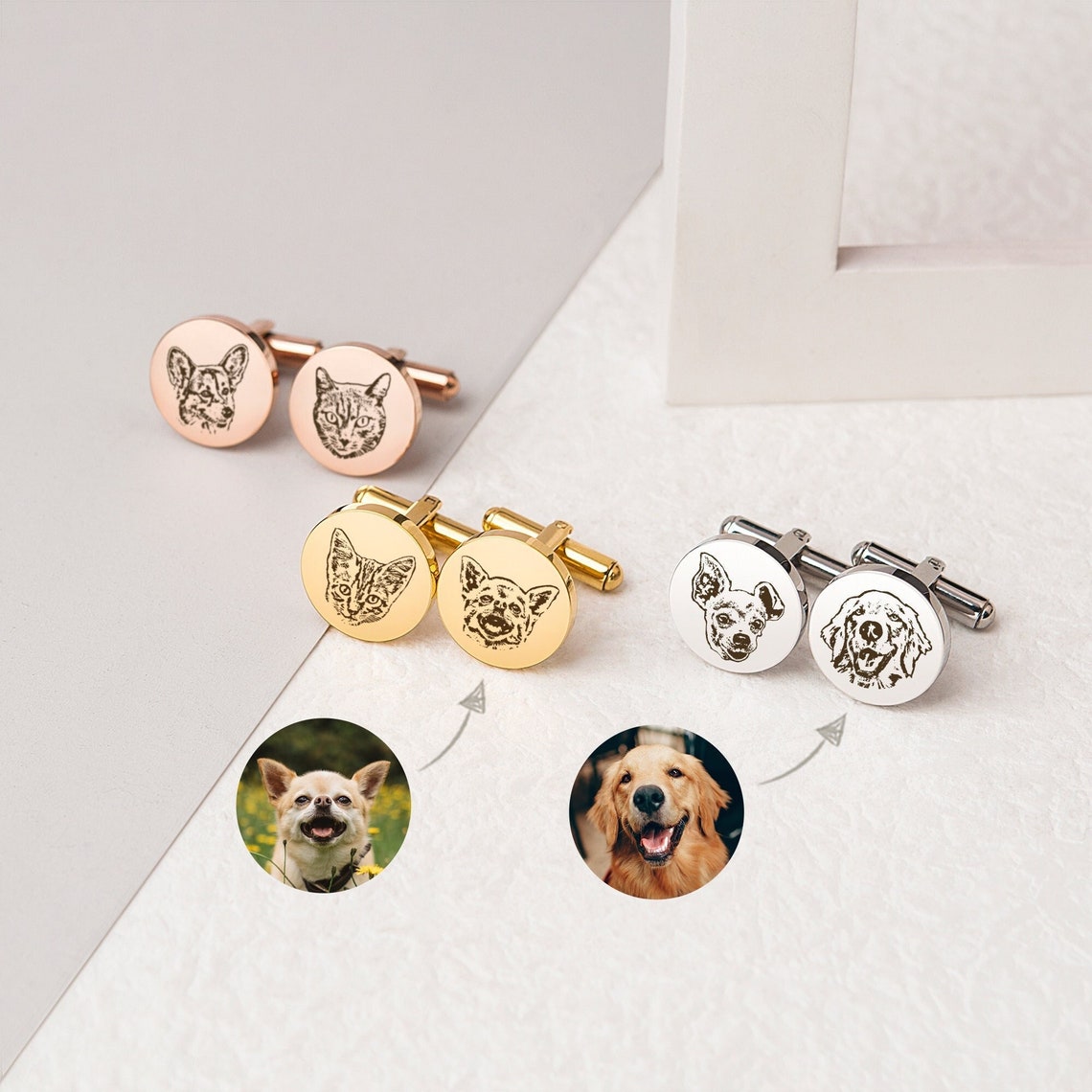 Custom pet portrait cufflinks shown in rose gold, gold, and silver.