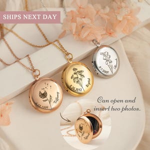 Gifts For Her - Personalized Birth Flower Round Locket Necklace -  Custom Necklace with Date and Name - Picture Necklace Memorial Gift