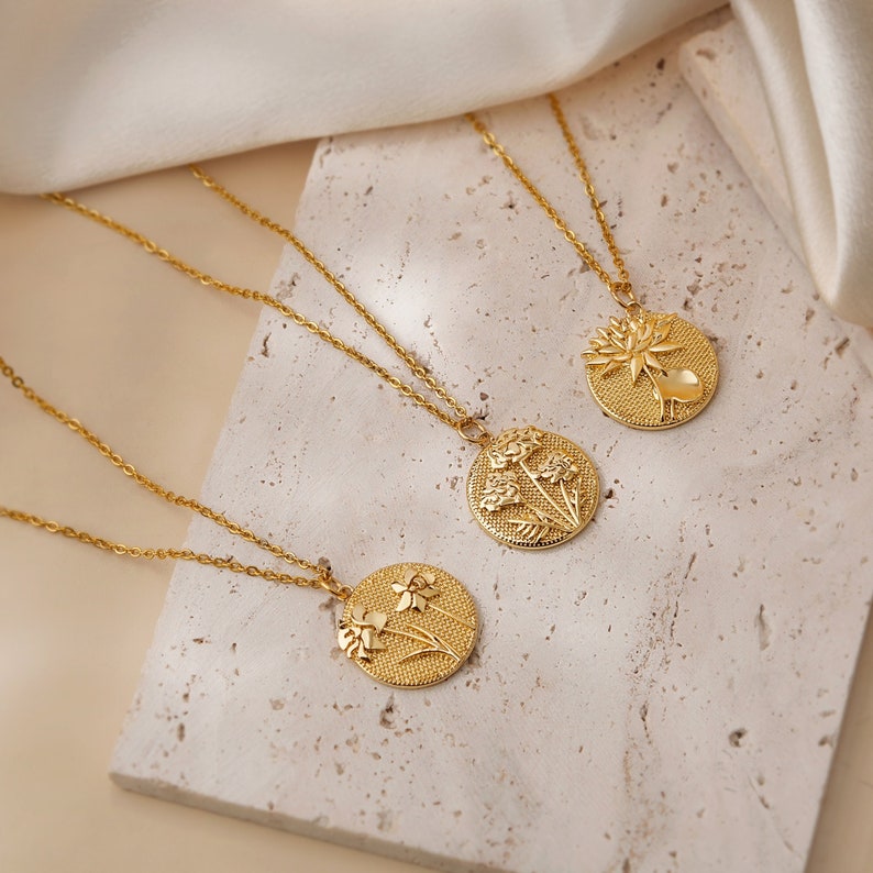 Mothers Day Necklace Gold Birth Flower Jewelry Flower Coin Necklace Embossed Birth Month Flower Necklace Vintage Jewelry Grandma Gift image 2