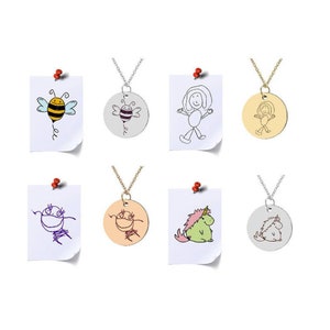 Kids Drawing Necklace Personalized - Custom Drawing Necklace - Engraved Necklace Child Artwork Necklace - Mom Birthday Gift From Kids