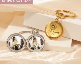 Name Keychain with Engraving Birth Flower - Personalized Locket Keychain Photo - Engraved Locket Pendant Keychain - Gift Ideas for Her