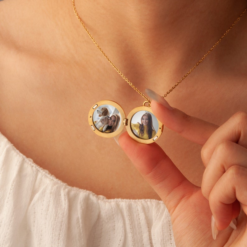Collier médaillon de perles rondes Médaillon photo personnalisé Collier médaillon de perles avec 2 photos Collier médaillon gravé pour femme image 3