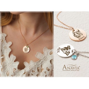 May include: Two personalized pet photo necklaces. One necklace features a silver pendant with a dog's face and the name "Rex". The other necklace features a gold pendant with a cat's face and the name "Kitty".