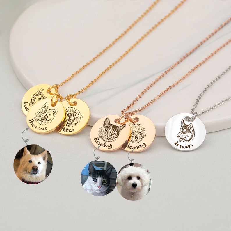 Pet Portrait Custom  - Engraved 3 Pet Photos Necklace with Name - Pet Memorial Jewelry - Pet Memorial Gift  for Dog Mom 