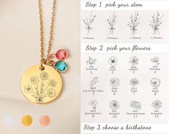 Gifts For Mom - Combined Birth Flower Necklace - Custom Family Bouquet Flower Necklace - Personalized Family Gift Mom Necklace