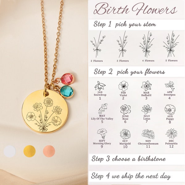 Regalos para el Día de la Madre para Mamá - Collar de flores de nacimiento combinadas - Collar de flores con ramo familiar personalizado - Collar familiar personalizado para mamá