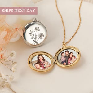 Locket with Photos - Photo Locket Necklace - Engraved Locket - Personalized Combined Birth Flower Locket - Family Photo Gifts for Mom