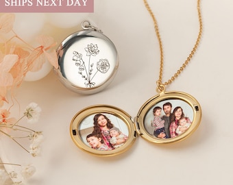 Locket with Photos - Photo Locket Necklace - Engraved Locket - Personalized Combined Birth Flower Locket - Family Photo Gifts for Mom