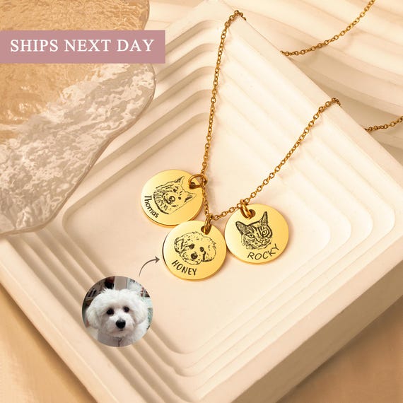 Dog Necklace for Women - Pet Portrait Custom - Dog Portrait Necklace - Engraved Pet Necklace Pendant Pet Mom Gift - Pet Memorial Jewelry