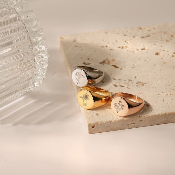 Custom Signet Rings - Birth Flower Ring - Gold Signet Ring Stainless Steel Ring- Floral Ring Personalized Ring for Women