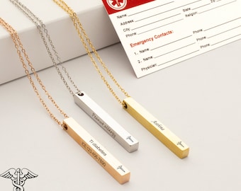 Medical ID Alert Bar Necklace, Personalized Medical Allergies Alert Necklace, Diabetic Necklace, Prescription Necklace Medical