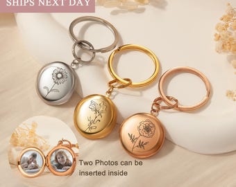 Birth flower Locket Pendant Keychain - Custom Photos Keychain - Engraved Locket Keychain - Memory Photos Keychain - Teacher Gifts