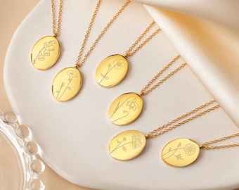 18k Gold Flower Necklace - Oval Birth Month Flower Pendant Necklace - Floral Necklace - Flower Charm Necklace - Dainty Necklace Gold