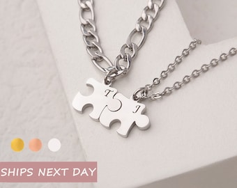 Matching Necklaces for Couples - Tiny Puzzle Piece Necklace - Engraved Couple Necklace - Boyfriend Girlfriend Necklace