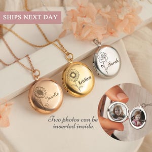 Round Locket Necklace - Photo Necklace Engraved Birth Flower and Name - Locket Necklace 2 Photos - Custom Photo Memorial Gift for Her
