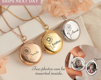 Round Locket Necklace - Photo Necklace Engraved Birth Flower and Name - Custom Photo Memorial Gift for Her - Personalized Birthday Gifts