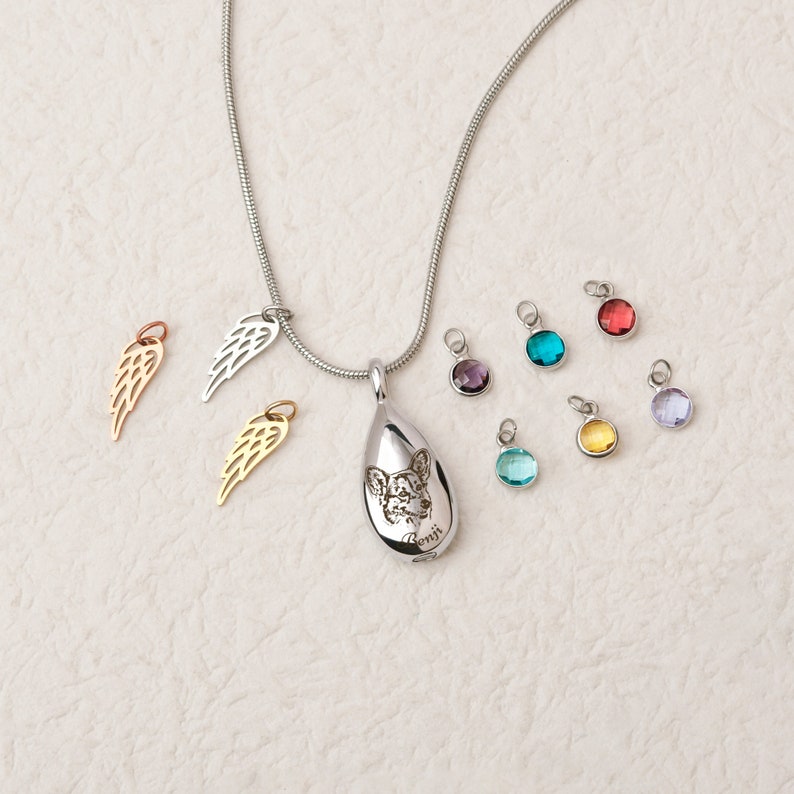 Op de afbeelding: Een zilveren ketting met een druppelvormige hanger met een hondenportret en de naam "Benji" gegraveerd. De afbeelding toont ook verschillende kleurrijke edelsteenbedels en vleugelvormige bedels in goud en zilver.