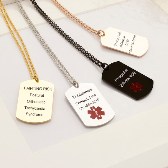 Large Alert Symbol Medical ID Dog Tag Pendant Necklace - Gol